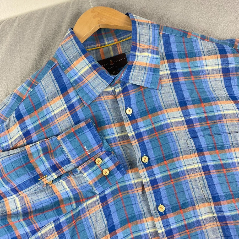 Robert Talbott Classic 100% Linen Shirt Mens XL Blue Plaid Button Up